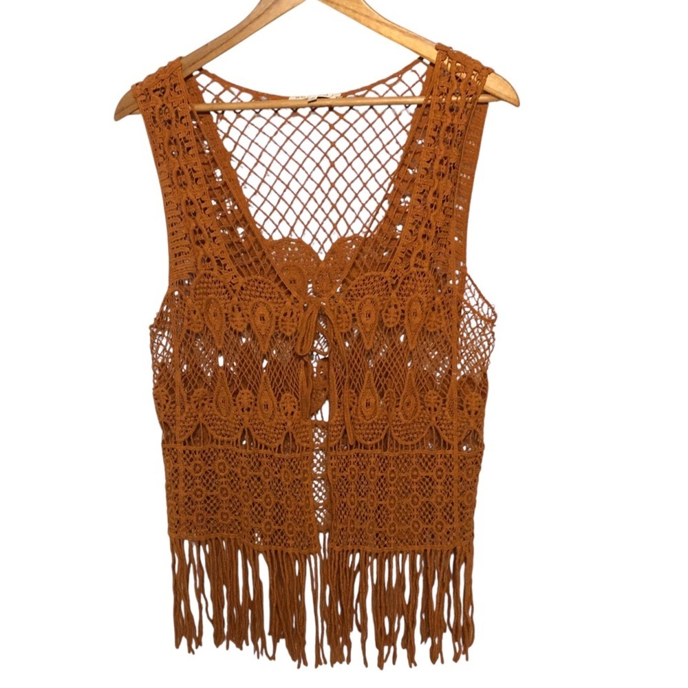 Kontrol Contemporary Boho Crochet Vest Sz S Sienna Brown Fringe Western Festival
